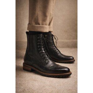 DuoBoots UK Men’s EU 43 Black Leather Brogue Lace Up Ankle Boots